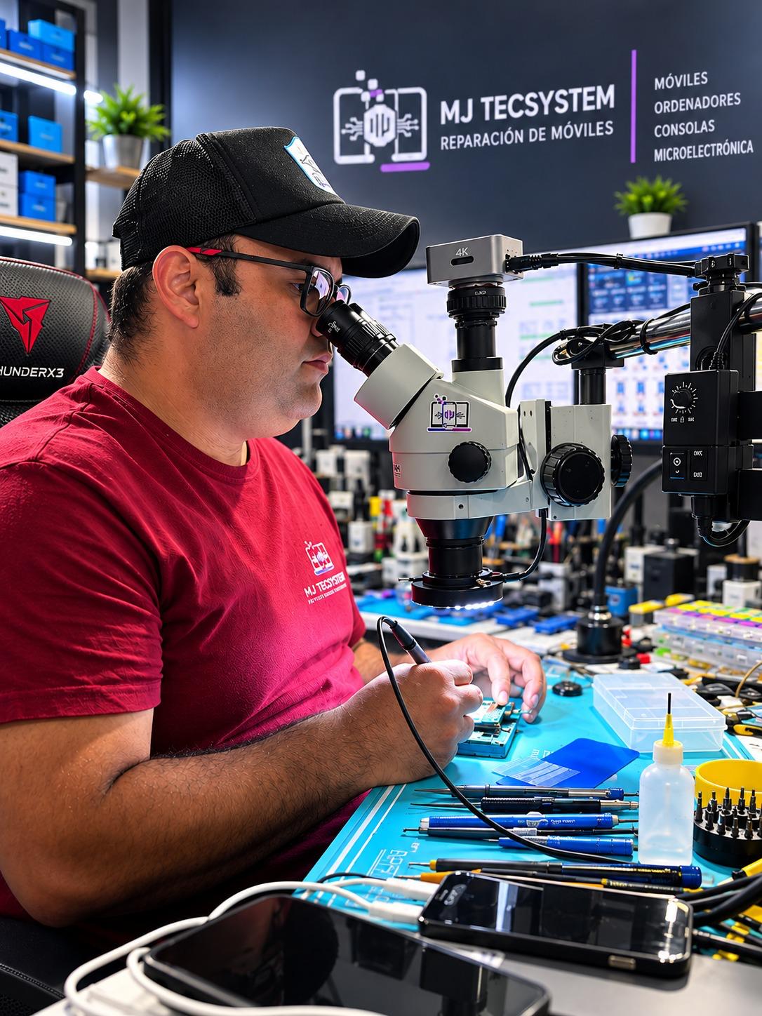 Técnico de MJ Tecsystem reparando una placa electrónica con microscopio en el taller